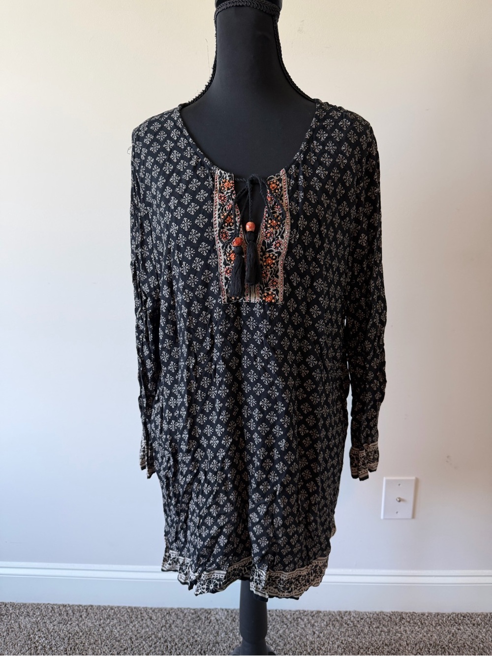 Lucky Brand Fall Boho Tie-Neck Black Printed Tunic Top Black Base
